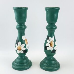 Vintage Green Handpainted Wooden Floral Candle Holders
